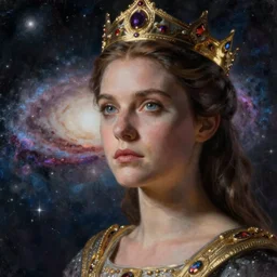 a realistic painting of a queen looking over the galaxy, wearing a crown, dramatic lighting, serious expression, 4K, HD, detailed, epic