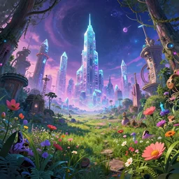reclaimed by nature by beeple, lightpaint fisheye cosmic reclaimed by nature vaporwave liberty city crystal tundra nature studio ghibli retrowave junglepunk anime meadow flowers at dawn steampunk universe, archdaily, wallpaper, highly detailed, trending on artstation.