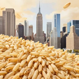 photo of gigantic rice grains invading new york city