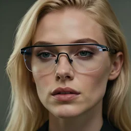 the most beautiful blonde woman in the world wearing futuristic curved glasses, hyper realistic face, cinematic, close - up, hyper detailed, 8 5 mm photograph, 8 k resolution, film still, sharp lens, wide lens