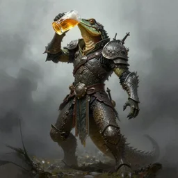 human - body lizard drinks beer, beer, glass, beer mug in hand, intricate, triumphantly, foggy background, full body art, dark souls, drawing, concept art, artstation, digital painting