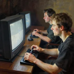 Men playing video games on CRT television using Atari joysticks. Painting by Rembrandt. Intricate details. hyper realism. Masterpiece.