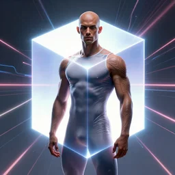 symmetry!! brazilian bald bouncer, muscular, tight outfit, solid cube of light, hard edges, product render retro - futuristic poster scifi, lasers and neon circuits, brown skin intricate, elegant, highly detailed, digital painting, artstation, concept art, smooth, sharp focus, illustration, dreamlike, art by artgerm