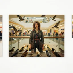 a woman surrounded by birds, in a strip mall, color photograph, by john william waterhouse, canon eos c 3 0 0, ƒ 1. 8, 3 5 mm, 8 k, medium - format print