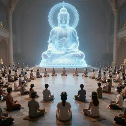 hundreds of virtual reality avatars of people meditating, sitting around a giant bodhisattva hologram, wide shot, game screenshot from oculus, concept art, octane render