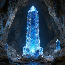 blue shiny bismuth crystalline obelisk glowing luminated structures in a giant cave rendered in octane