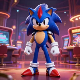 Sonicmancer the hedgehog, in full futuristic battle armor, in casino zone