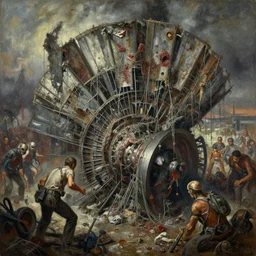 oil painting of 1 9 7 8 battle - panorama nightmare of terrifying macerated battle turbine, moldy & infecting itself via frayed wire panels, by alberto bontempi, by francesco blanc 1 9 7 1, richard m powers landscape, horror by enric torres, by jack gaughan, simon bisley & boris vallejo, hyper realism, cinematical