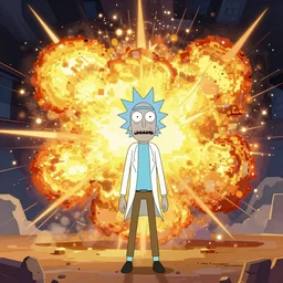 Rick and Morty style pixel art explosion, painterly