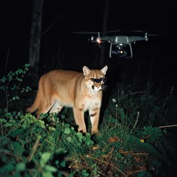 cougar in forest at night, night vision goggles, shot from drone, grainy