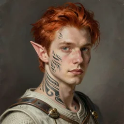 portrait painting of an elven young man with short ginger hair and tribal tattoos wearing light armor, sharp focus, award - winning, trending on artstation, masterpiece, highly detailed, intricate. art by rebecca guay