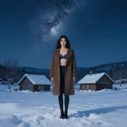 full body portrait of a beautiful girl in a coat and bra, snow - covered small house in a background, night, stars in the sky, the milky way in the sky, winter landscape, painting by craig mullins, octane rendering, wide angle lens, in the style of hayao miyazaki, trending on artstation,