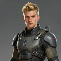 Portrait of a man by Greg Rutkowski, he is about 20 years old, norwegian, short blond quiff hair, young, manly, attractive, strong, older brother vibes, he is wearing futuristic military fatigues, highly detailed portrait, scifi, digital painting, artstation, concept art, smooth, sharp foccus ilustration, Artstation HQ