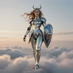 symmetry!! portrait of a beautiful biblical diabolical agile girl with a shield, in reflective porcelain cyborg armor, in clouds, cinematic studio light, windy, sunrise, by gerald brom, by mikhail vrubel, by peter elson, muted colors, extreme detail! trending on artstation, 8 k