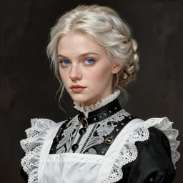 digital art by artgerm, greg rutkowski, alphonse mucha. full body!! beautiful platinum blonde victorian maid. beautiful slender face, updo, big blue eyes, fine pointy chin, slender nose, high cheek bones. black dress with white apron. lace, embroidery, leather, studs. hyper detailed, intricate, elegant, digital painting, artstation, smooth, sharp focus