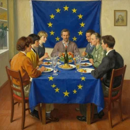 beautiful painting of people sitting around a dinner table with the european flag draped over it