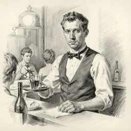 pencil sketch portrait of a bartender serving customers in a bar, byниколаи дмитриевич блохин