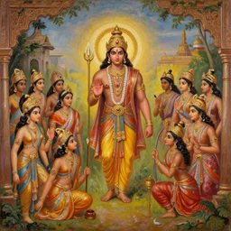 an epic cinematic scene from Ramayan, beautiful miniature painting, oil on canvas, trending on ArtStation, detailed, 8K, HD,