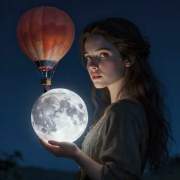 a huge hyperrealistic detailed, cinematic, mid shot portrait of a detailed woman's face, holding a glowing 3 d realistic blood moon, hot air balloon tied. the woman is in a mid shot, in a detailed night sky by kuvshinov and bilibin, karol back, barclay shaw
