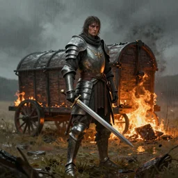 a single hero standing on a battlefield on a rainy day, the hero is wearing armor and a sword, the hero stands near a burning wagon. by Ciryl Rolando, hyperrealistic illustration, digital art, studio lightning