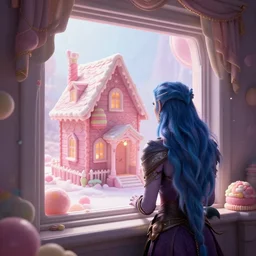 ( a house made of sweets has a window that overlooks other universes, sylvanas windrunner from the back looks through the window ) by noah bradley, photorealistic, dynamic lighting, beautiful, trending on artstation, wallpaper, dream, 4 k, award winning, lovely pastel colors, ethereal, elegant