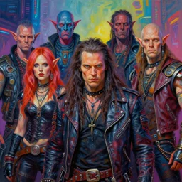 cinematic portrait of apocalyptic scifi orcish biker characters, group photo, psychedelic vibrant colors, futuristic punk rock fashion, highly detailed oil painting by ( ( ( michael whelan ) ) ) art, perfect face, dynamic pose, sharp focus, detailed eyes, realistic, long hair, leather jacket, 8 k