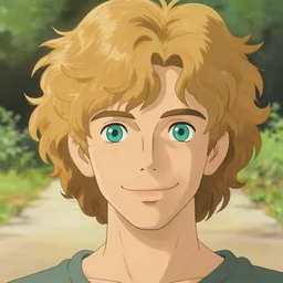 young man with medium - length, curly, golden hair, perfectly proportioned face, aquamarine eyes, sweet smile, natural lighting, path traced, highly detailed, high quality, cartoon, digital painting, by new haicheng and ross tran and studio ghibli and alphonse mucha
