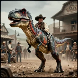 velociraptor with a cowboy outfit in a wild west town, still from a movie, 3 5 mm film, grainy, evocative, atmospheric lighting, intricate, highly detailed, sharp focus, cinematic, masterpiece, taken by sergio leone and john ford