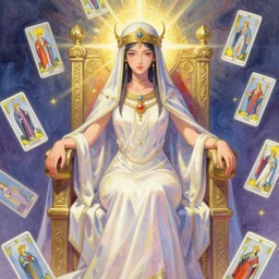 a mystical woman priestess sitting on a throne, the divine feminine, drawn by studio UFOTABLE, pastel colors, Tarot cards. The empress tarot card, detailed, anime