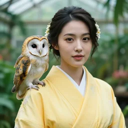 close up portrait of beautiful woman wearing a yellow kimono in a tropical greenhouse with an owl on her shoulder, bokeh, cinematic colors