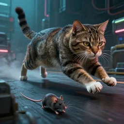 a big cat chases down × a live mouse! by mark ryden in cyberpunk environment, 4 k ultra high resolution, horror, long camera shot