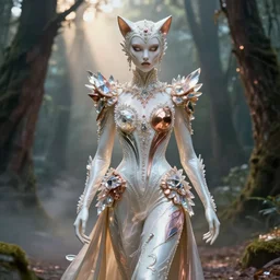beauteous sumptuous gothic, elegant catwalk pose, white pearlescent, chrome, iridescent titanium, crystal, liquid gold, copper, bronze, by victoria frances & lee jeffries, cinematic forest lighting, crystalline masterpiece incrustations, hyperdetailed metalwork, in volumetric soft glowing mist, movie still, octane render, unreal engine, crepuscular rays,