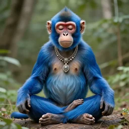 a meditating, blue monkey wearing jewelry by aaron horkey