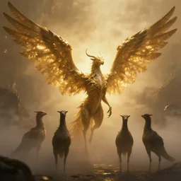 mysterious fantasy winged creature, 4 k, photorealistic, golden light, volumetric, foggy