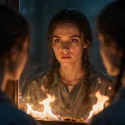 an ultra realistic, cinematic, fantasy, portrait, of a woman, face in mirror, fire, dramatic, soft light, dreamy, facial features, stood in a cell, with prison clothing, detailed, deep focus, movie still, dramatic lighting, ray tracing, by michal karcz and yoshitaka