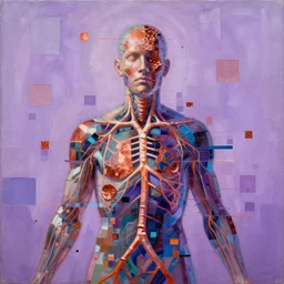 a beautiful abstract painting by ramon chirinos of a glitched human nervous system, color bleeding, pixel sorting, copper oxide material, brushstrokes by jeremy mann, studio lighting, pastel purple background, square shapes