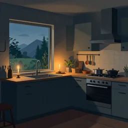 weird perspective epic illustration of a kitchen dim lit by 1 candle in a scenic environment by Herbert Bayer