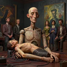 realistic detailed photo rendered in octane 3d , Leaving the body in a room with wires, mysticism, by Francis Bacon, by Amano, Karol Bak, Greg Hildebrandt, Ayami Kojima and Mark Brooks deep colors. Beksinski painting, art by Takato Yamamoto. smooth shading, ultra detailed, high resolution, masterpiece. rendered in blender, ultra realistic, cinematic, unreal 6