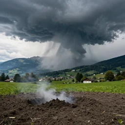 a tornado on the ground, switzerland landscape in the background