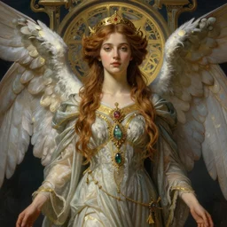 detailed realistic beautiful young radiant medieval angel queen portrait by jean delville, gustave dore and marco mazzoni, art nouveau, symbolist, visionary, gothic, pre - raphaelite, horizontal symmetry