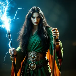 epic photo of salma hayek as beautiful medieval sorceress with very long black hair wearing a green silk robe and metal belt, battle scene, holding her wizard staff electricity emanating from it, sweaty, in the film conan the barbarian, movie still, cinematography by duke callaghan