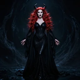 style of marc simonetti : : gorgeous mary elizabeth winstead : : evil sorceress, swirling black magic, black dress : : symmetrical face, symmetrical eyes : : full body pose : : gorgeous red hair : : cinematic lighting : :