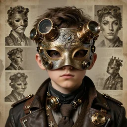 steampunk boy with a super detailed and intricate mask, collage
