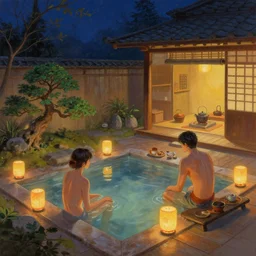 painting of night time intimate traditional onsen with [ floating lanterns ] by greg rutkowski craig mullins mucha cozy hot springs bonsai zen garden warm teahouse [ traditional japanese motifs ] concept art fantasy d & d soft lighting octane artstation