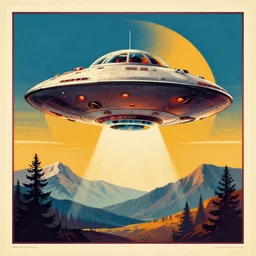 classic vintage 7 0 s style poster of a classic ufo disc, flying saucer ; mountains background 7 0 4
