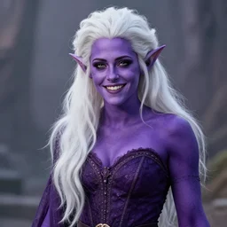 Purple skinned Kristen Stewart as a smiling Elf wizard with white hair. majestic deep purple skin, Photorealistic digital art trending on artstation, artgem, 4k HD.