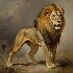 muscular lion as barbarian hunter  full body human legs , attack pose , very textured detailed oil painting by rembrandt
