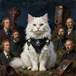 portrait of white fluffy cat on a hill. cybertronic gadgets, vantablack cloth technology, night, rusty shapes, biotechnology, dariusz zawadzki, tim hildebrandt, wayne barlow, bruce pennington, larry elmore, oil on canvas, deep depth field, masterpiece, cinematic composition, hyperdetailed, hd, hdr