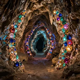 cave with colorful shiny gemstones lining the walls, 4K photography