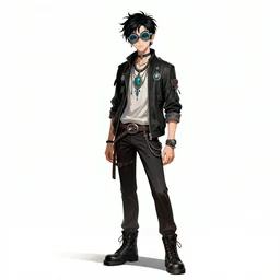 a nerdy goth guy wearing goggles and eccentric jewelry by jamie hewlett :: full body character concept art, full body, detailed